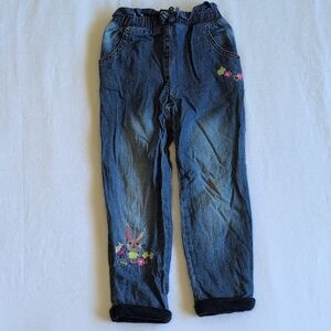 mothercare bunny floral embroidered lined paper bag waist pull-on jeans 3-4 YRS